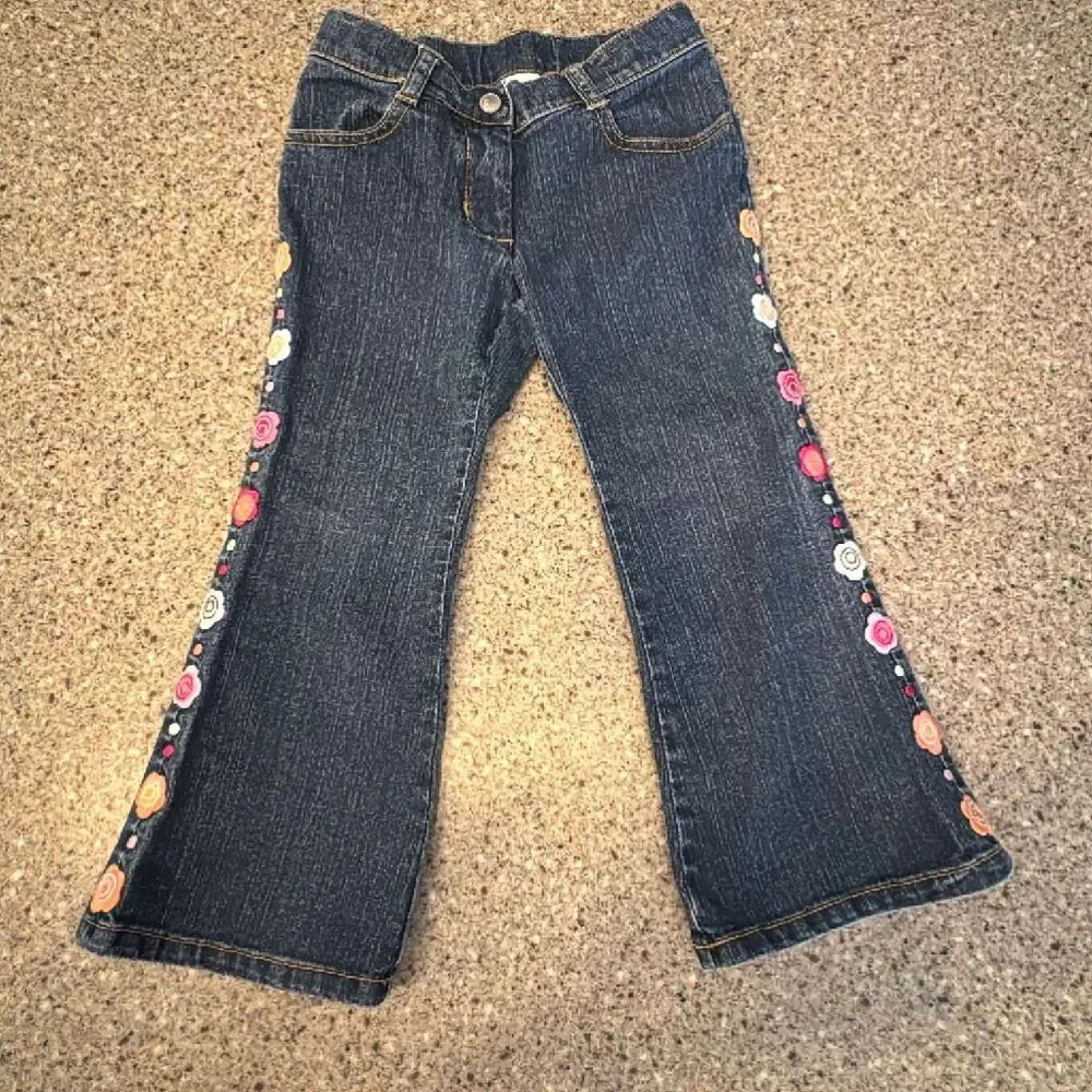 GYMBOREE Vintage Girls Bootcut Flare Jeans Floral Embroidered 2006